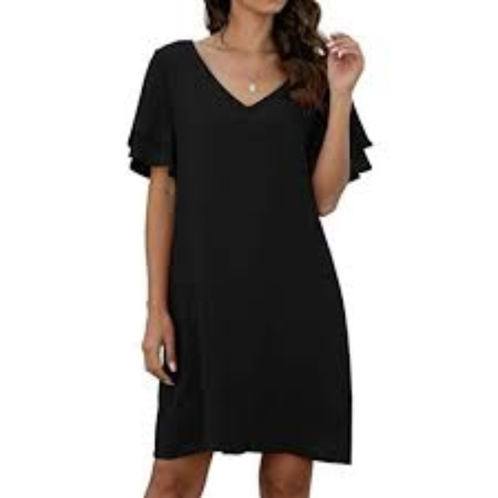 QIXING Womens V-Neck Bell Short Sleeve Shift Dress